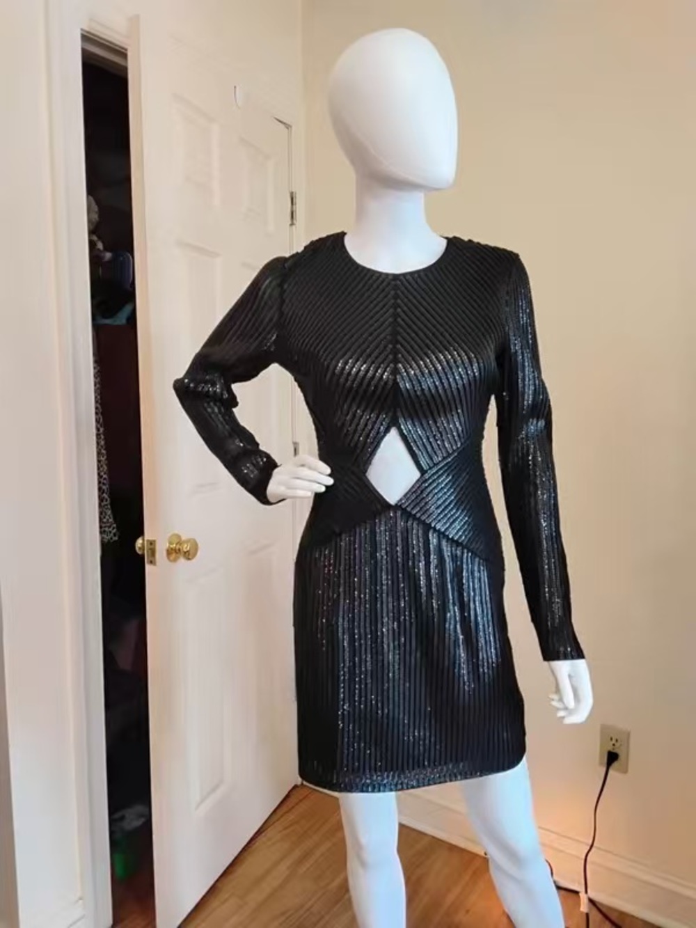 Express Black Sequin Midi Dress with Front Diamond Cutout